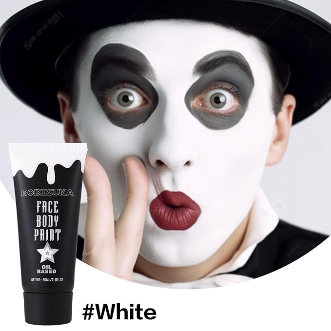 White Face Paint, Clown Makeup Body Paint, Blendable Cream Face Painting Kits for Skull Joker Vampire Mime , Halloween Skeleton Cosplay, Costume, Parties,Stage, Theater, 2.1 fl oz (60ml)
