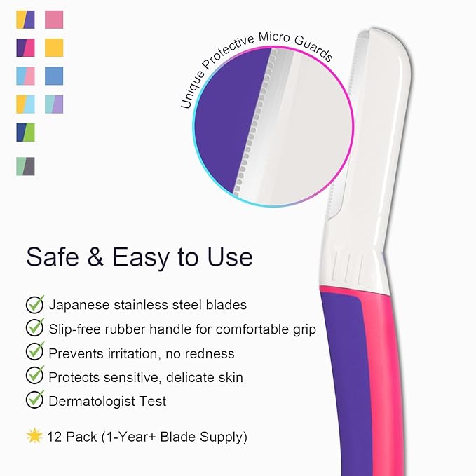 Dermaplane Razor for Women Face - Facial Razor for Women - Eyebrow & Face Razors, Exfoliating Microblades, Peach Fuzz Remover, Dermaplaning & Skin Care Tool, Travel Essentials, (12 pcs, Fuchsia)