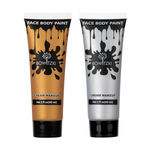 Bowitzki Face and Body Paint 2oz Cream Makeup 60ml Water Based Face Painting Special Effects For Adults Children Kids Halloween Christmas Party Stage Cosplay (Gold+Silver)