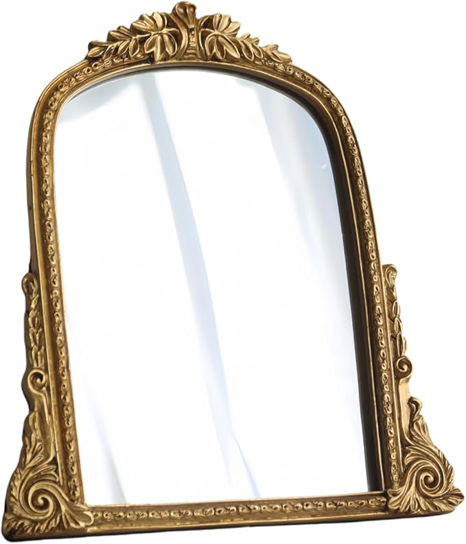 Vintage Gold Vanity Makeup Desk Mirror - Antique Chic Arch Table Mirror with Carved Resin Frame, Small Standing Arendahl Mirror for Living Room, Bedroom, Tabletop (13.2" x 12.8")