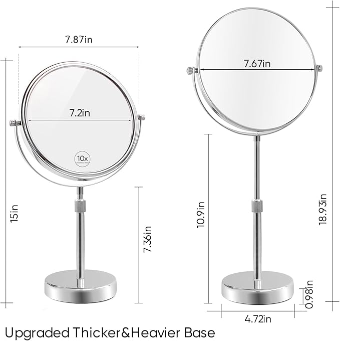 Nicesail 19 Inch Tall Makeup Mirror with 10X Magnification, Make up Mirror 8 Inch Double-Sided, Table Mirror with Pedestal for Shaving, Standing Mirror Height Adjustable Chrome Finish (8 Inch, 10X)