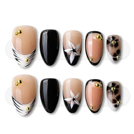 Press on Nails Short Almond Fake Nails with White Flower Stripe Golden Pearl Designs French Tip Nails Press ons Black Nude Glossy Acrylic Nail Winter Stick on Nail for Women 24 Pcs