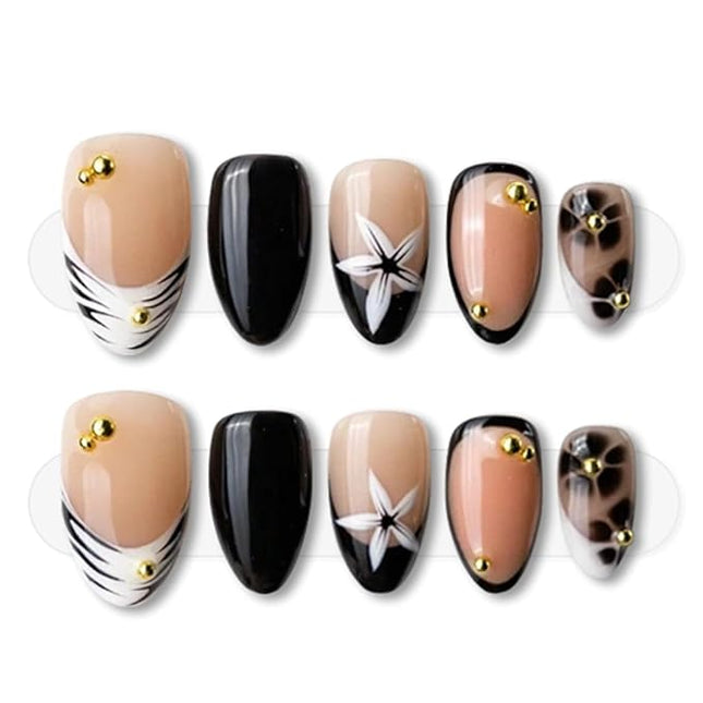 Press on Nails Short Almond Fake Nails with White Flower Stripe Golden Pearl Designs French Tip Nails Press ons Black Nude Glossy Acrylic Nail Winter Stick on Nail for Women 24 Pcs