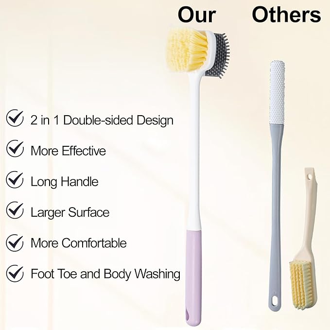 Foot Scrubber Toe Cleaning Brush, 3 Pack Shower Foot Scrubber with Long Handle, Double-Sided Silicone and Soft Bristle Brush for Skin Exfoliation, Seniors, Adults, Grey Purple Green