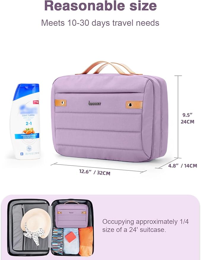 Women's Hanging Toiletry Bag, Waterproof Travel Cosmetic Organizer with Jewelry Storage, Large Capacity Makeup Case for Full-Size Skincare & Bathroom Essentials, Portable Cosmetic kit, Purple