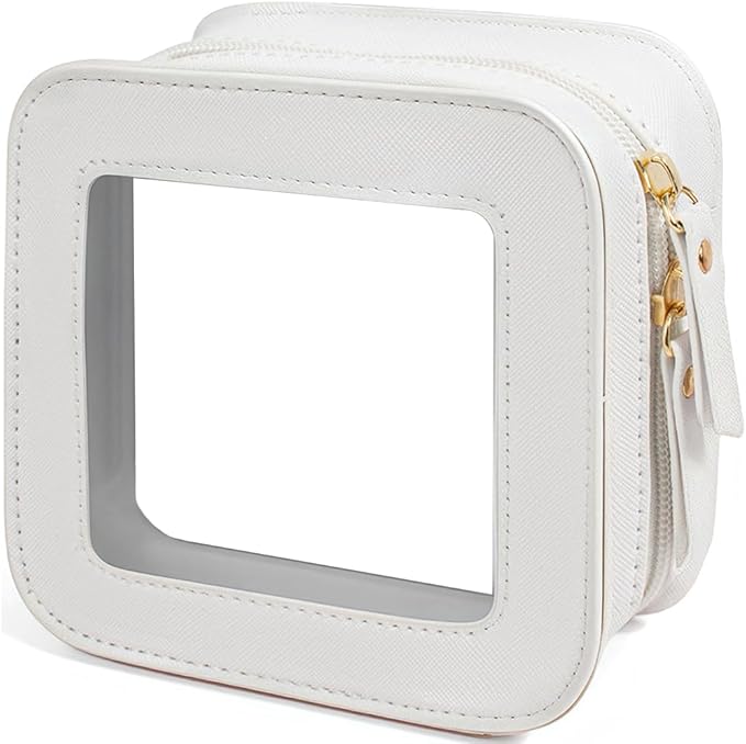 2 Pcs Travel Clear Makeup Bag Set, Clear White Makeup Organizer with Zipper Leather Travel Bags for Toiletries Small Cosmetic Bags for Women Mini Make up Pouch Toiletry Bags Car Essentials