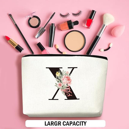 Personalized Makeup Bag, Initial Letter X Makeup Bag for Women Rose Monogram Cosmetic Bags Toiletry Pouch, Monogrammed Gifts for Women Mom Grandma Sister Friends Thanksgiving Christmas Birthday Gift