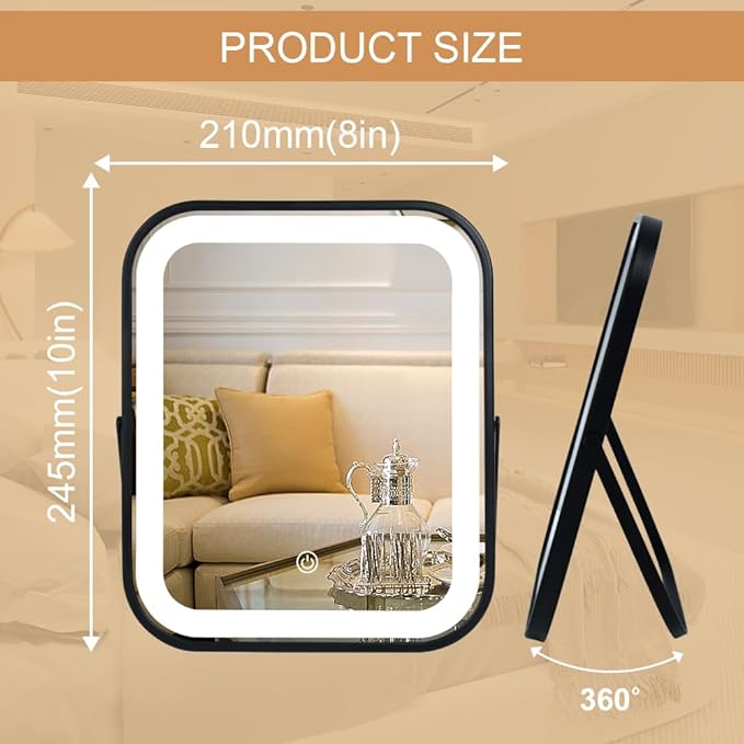 Lighted Vanity Mirror, Rechargeable Travel Makeup Mirror with Lights, 10''x8'' Desk Mirror with Lights,Make up Mirror with Lighting for Makeup Desk ＆ Dressing Room