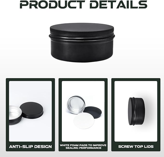 48 Pack Screw Lid Round Tins 4 oz Aluminium Empty Tin Black Metal Candle Storage Tin Black Aluminium Empty Candle Tins for crafts, food, cosmetics, ointment storage, DIY (black)