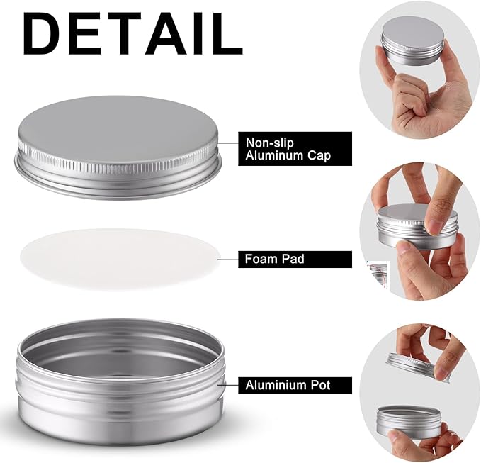 Therwen 96 Pcs Aluminum Tin Jars Containers Metal Leak Proof Cosmetic Tin Jars Containers Round Screw Lids Lip Balm Can Empty Refillable Cosmetic DIY Storage (1 x 2.7 Inch,Silver)