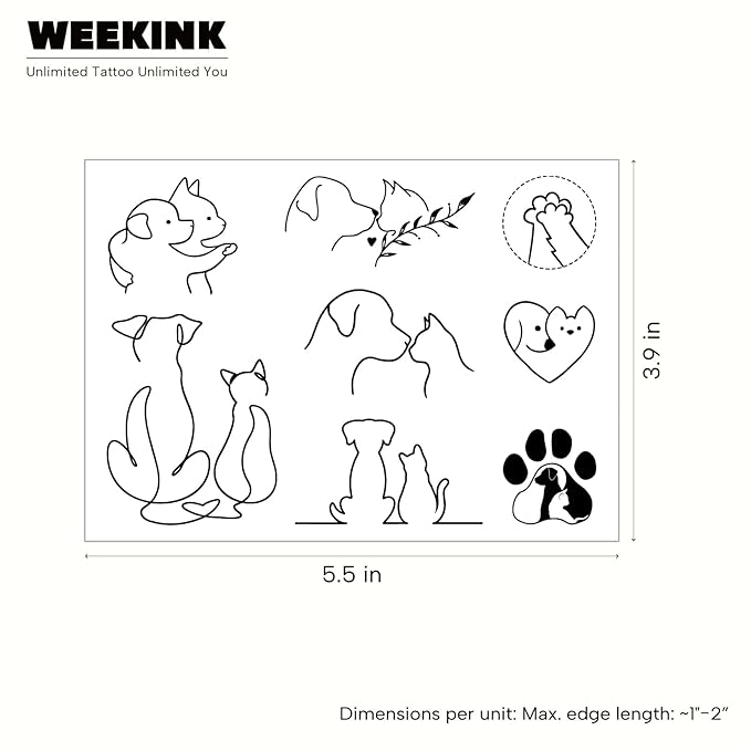 Cat & Dog Outline Temporary Tattoos – 8 Minimalist Cute Pet Designs, Long-Lasting Semi-Permanent, Waterproof for 2 Weeks