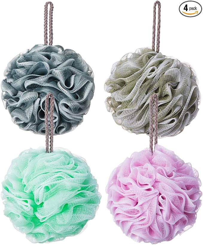 Loofah Bath Sponge Luffa Loofa Body Scrubber Soft Mesh Pouf Wash Puff Shower Puff Shower Ball Exfoliating Shower Sponge Pack of 4 (60g/pcs)