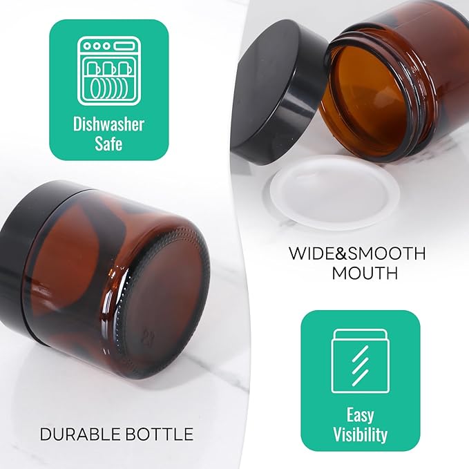 35 Pack 2 oz Amber Round Glass Jars with Black Lids - Portable Empty Glass Containers with Inner Liners for Cosmetic, Body Butters, Body Butter, Candle Jars