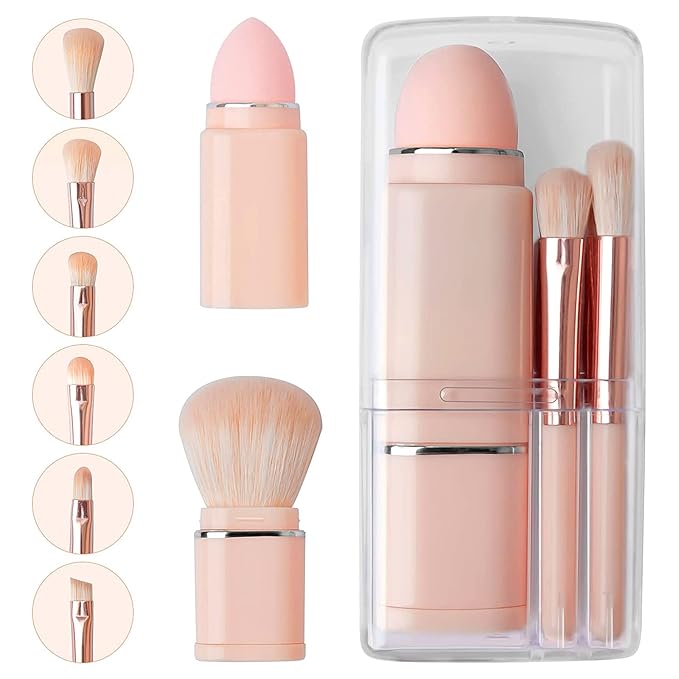 Vtrem Portable Retractable Makeup Brushes Set - 8 in 1 Travel Powder, Angled, Lip, Eyeshadow, Foundation Blending, Beauty Sponge All in One Make Up Brush Set