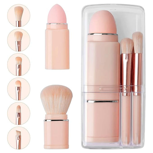 Vtrem Portable Retractable Makeup Brushes Set - 8 in 1 Travel Powder, Angled, Lip, Eyeshadow, Foundation Blending, Beauty Sponge All in One Make Up Brush Set