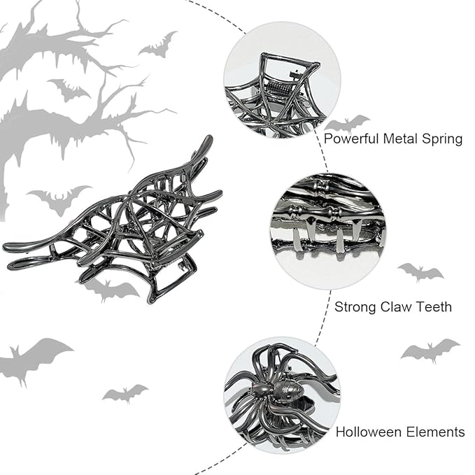 3 Pieces Large Metal Spider Net Hand Hair Claw Clips for Women and Girls Thick Long Hair, Nonslip Skeleton Spooky Barrette Headband Hair Styling Accessories for Halloween Christmas Gifts