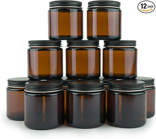 Glass Amber 4oz Jar - 12 Packs, Empty Round Jars For Beauty Products, Lotion, and Powders - Black Lid - Small Candle Jars