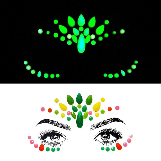 6 Pcs Halloween Noctilucent Glow Face Gems, Night Glow Face Jewels for Party and Festival, Fluorescence Rhinestone Face Stickers