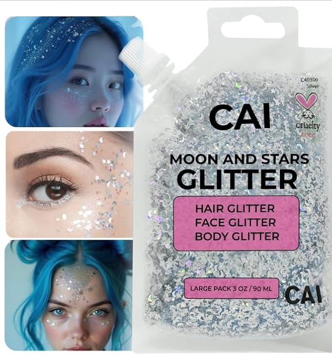 Face, Body & Hair Glitter Gel – Halloween Glitter for Kids and Women – 3 Oz Cosmetic-Grade Gel w/Moon & Stars for Festivals & Halloween Party, Easy Apply & Wash Off - Unicorn 5Pack