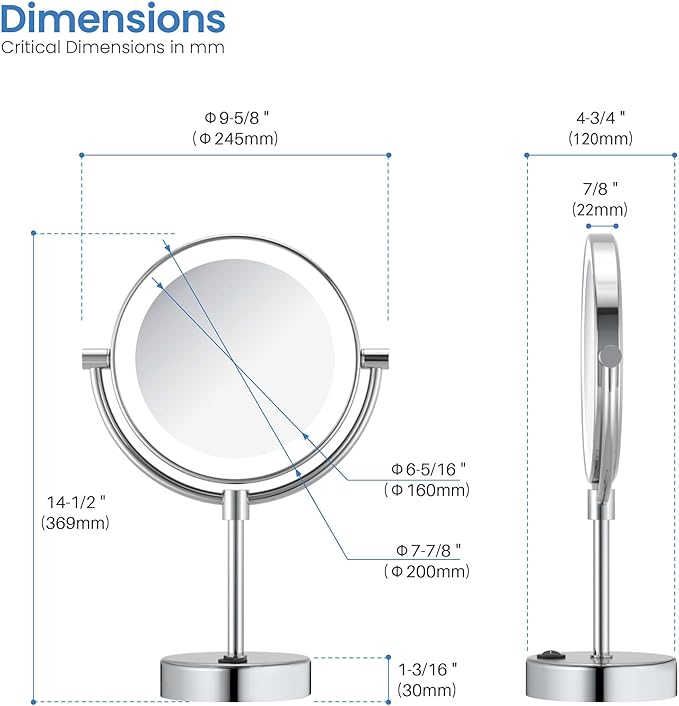 KIBI Circular LED Free Standing Magnifying Makeup Mirror | 360-Degree Swivel Shaving Mirror with Adjustable Brightness | Dual-Sided Vanity Mirror with 5X Magnification (Chrome Finish, KMM104)