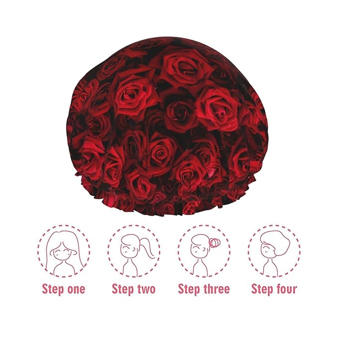 Red Rose Flowers Shower Cap For Women Reusable Waterproof Double Layers Bath Cap Hair Protection Elastic Ladies Spa Salon Shower Hat