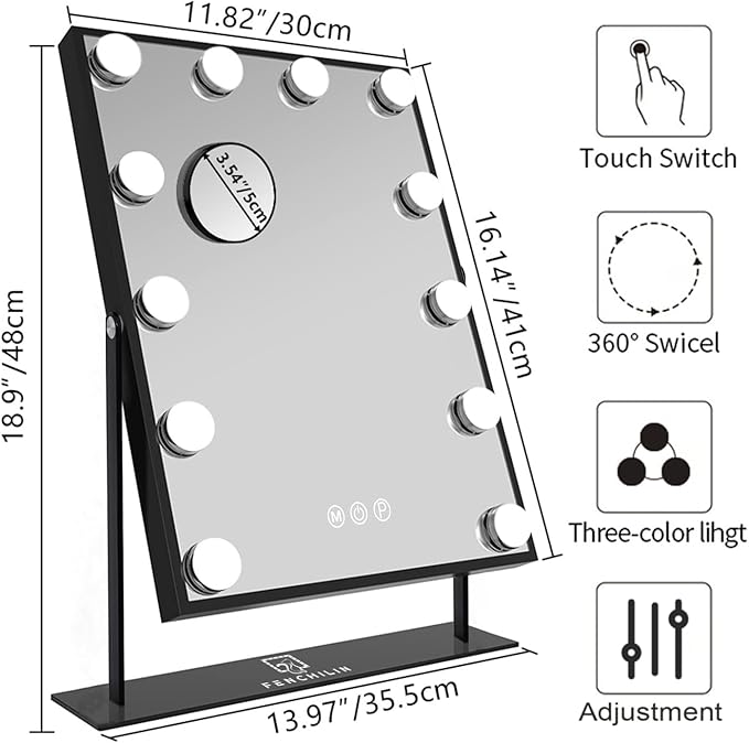 FENCHILIN Lighted Makeup Mirror Hollywood Mirror Vanity Makeup Mirror with Light Smart Touch Control 3Colors Dimable Light Detachable 10X Magnification 360°Rotation(Black)