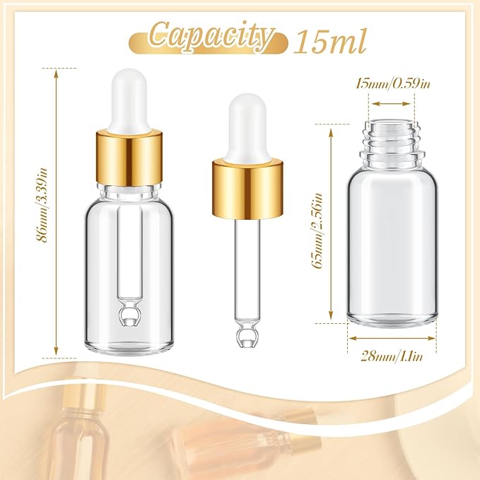 100 Pcs Mini Glass Oil Dropper Bottle Bulk, Clear Essential Small Empty Bottles Sample Containers Perfume Liquid Vials with Cap for Traveling (15 ml,Gold)