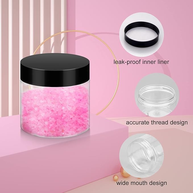 36 Pack 2 OZ Plastic Jars with Lids, BPA Free, Reusable, Refillable Transparent Cosmetic Containers for Bath Salts, Cosmetics, Powders, Beauty Product and Small Accessories