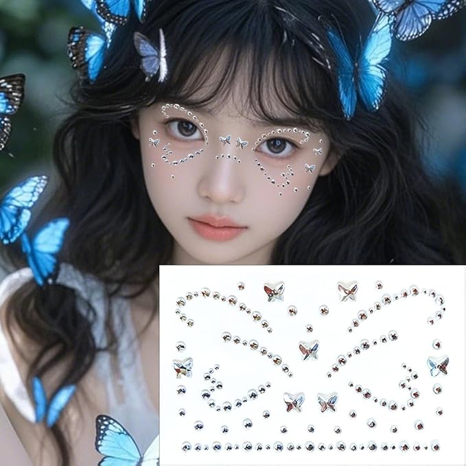 Crystal Butterfly Face Gems Pink Face Jewels Fake Butterfly Gems Tattoo Stick on Eye for Men Women Kids Halloween Prank Makeup Costume，2-Pack