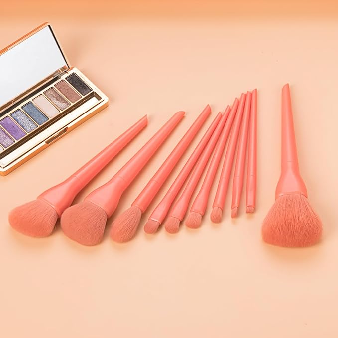 Makeup Brushes Shiny Green 10 Pcs, Powder Brush, Foundation Brush, Blush Brush, Highlighting Brush, Eyeshadow Brushes (Salmon Pink)