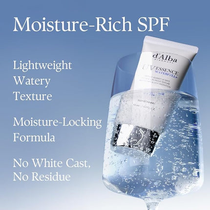 d'alba Piedmont Italian White Truffle Waterfull Essence Sunscreen, Vegan Skincare, Lightweight Sunscreen with BROAD SPECTRUM SPF 50+, Glowy, Safe for all Skin Types, Korean Skin Care (1.69 fl. oz)