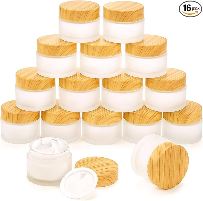 ZENFUN 16 Pcs Glass Cosmetic Containers 1.7 Oz/50ml Empty Sample Jars with Plastic Lid, Travel Pots with Lid, Small Makeup Sample Jars, Refillable Travel Jars for Cream, Lotions, Lip Balm