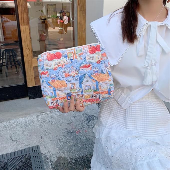 PAZIMIIK Quilted Makeup Bag Large Travel Zipper Soft Cosmetic Pouch for Women Girls Make Up,Little Bunny