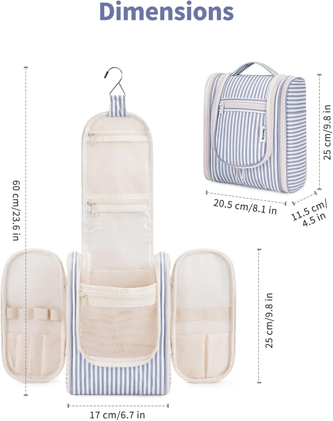 Narwey Small Striped Hanging Travel Toiletry Bag for Women, Travel Bag for Toiletries, Makeup Bag Organizer Cosmetic Bags Make Up Bags for Women (Greyish Blue Stripe)