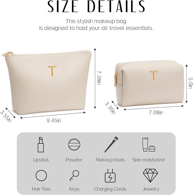 Women Gifts | Initial Makeup Bag Set for Girl Personalized Gifts for Bridesmaid Friend Graduation Teachers PU Leather Cosmetic Travel Toiletry Bag(Beige,T)