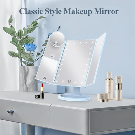 HUONUL Makeup Mirror, Vanity Mirror with Lights, 2X/3X/10X Magnification, Touch Control, Trifold Mirror, Dual Power Supply, Valentines Day Gifts for Her,Gifts for Women, Wife, Mom, Teengirls
