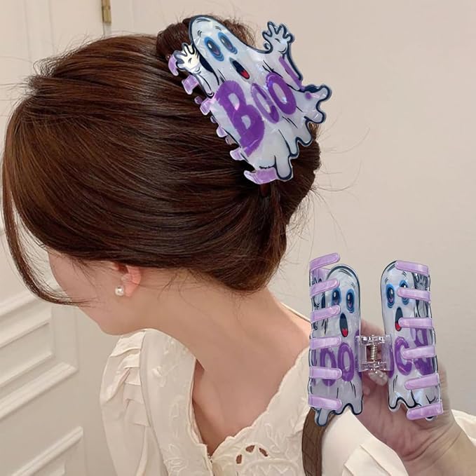 1Pcs Halloween Hair Claw Clips for Women, VGNRAR White Cute Ghost Hair Clips for Thick and Thin Hair, Medium Acrylic Strong Hold Non-Slip Claw Clips Goth Hair Accessories for Halloween Party Gift