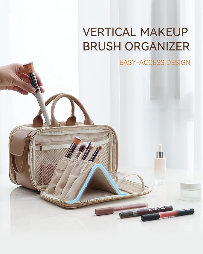 Prite Makeup Bag for Women, Large Capacity Waterproof Travel Cosmetic Organizer, Portable Open Flat Toiletry Bag with Free-standing Brush Holder and Handle(Beige Brown Large)