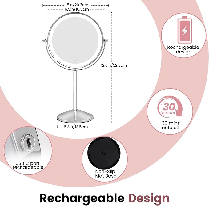 8" Makeup Mirror with Lights, Vanity Mirror with 1X/10X Magnification, Touch Screen 3 Colors Dimmable 54 LED Lights Brightness Adjustable 360° Rotation for Tabletop