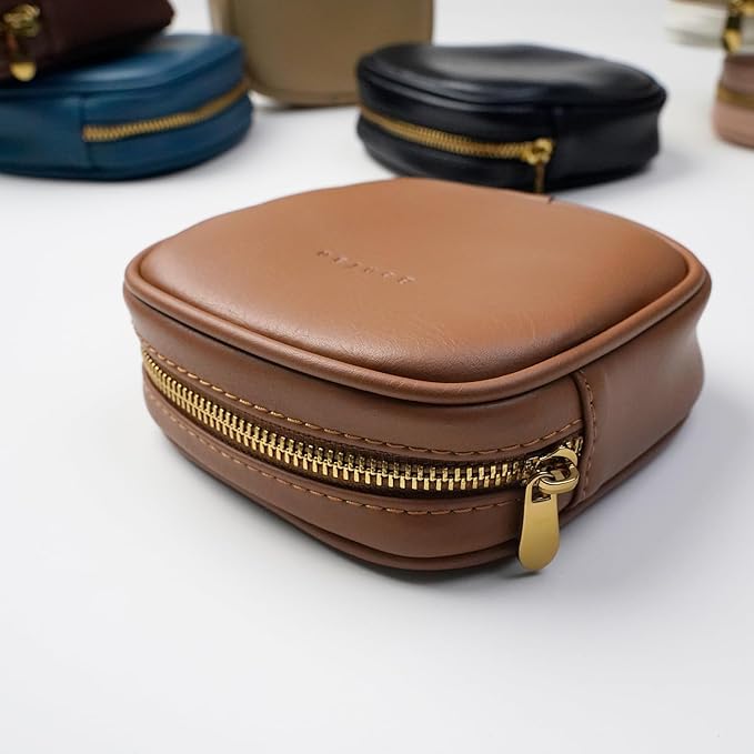 Leather Cosmetic Bag for Women Small Zipper Makeup Bag for Purse Waterproof Travel Makeup Organizer Charger Storage Pouch Color Brown