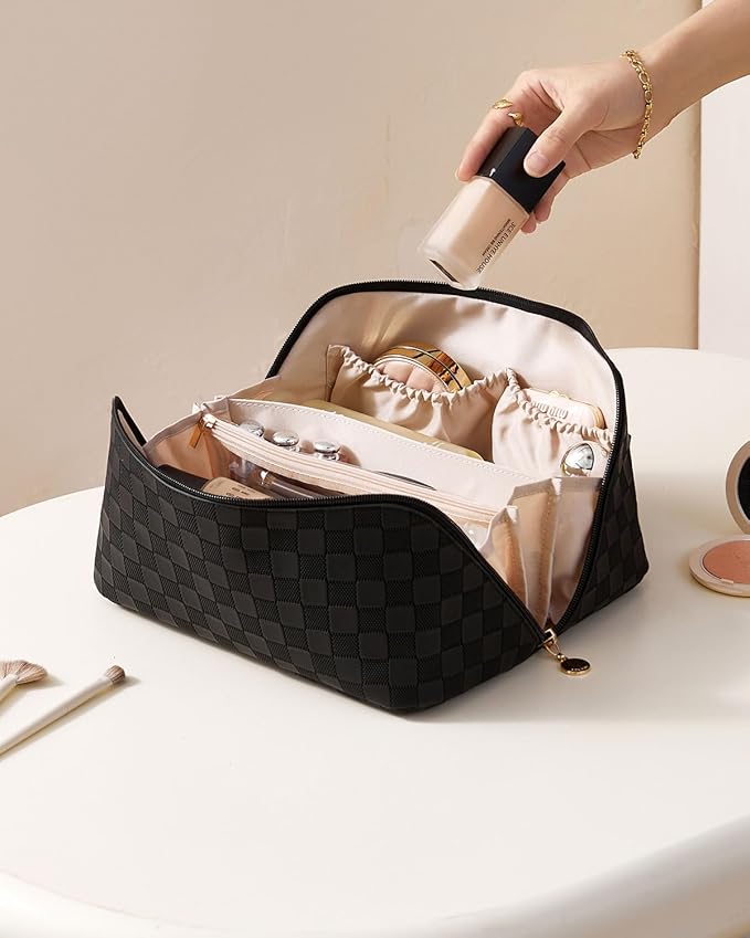 EACHY Travel Makeup Bag,Large Capacity Cosmetic Bags for Women,Waterproof Portable Pouch Open Flat Toiletry Bag Pattern Makeup Bag