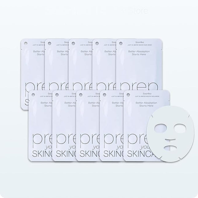 Just-In-Water Mochi Skin Mask – Korean Prep Sheet Mask for Absorption Boost, Cooling Hydration, Oil & Moisture Balance, Vegan & Non-Sticky for Sensitive Skin (10 Pack)