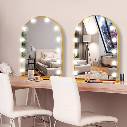 THEKLA Gold Arch Hollywood Vanity Mirror with Lights Dimmable 3Color 12 Bulbs Hollywood Vanity Lighted Mirror for Bedroom Wall Detachable Base Stand X10 Magnifying Arch Vanity Makeup Desk Table Mirror