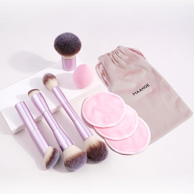MAANGE 9 PCS Makeup Brush Set Foundation Brush Double Makeup Brushes for Blending Liquid Powder Concealer Cream Blush Buffe Contour Make up Brush Kit (Pink)