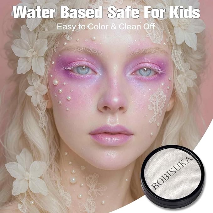 BOBISUKA Pearl White Face Body Paint, Water-Based Metallic Silver Face Painting Kit & Body Paints, Facepaint for Halloween Costume Cosplay Siren, Ice Fairy & Statue SFX Make-Up, Movie, Theater & Stage