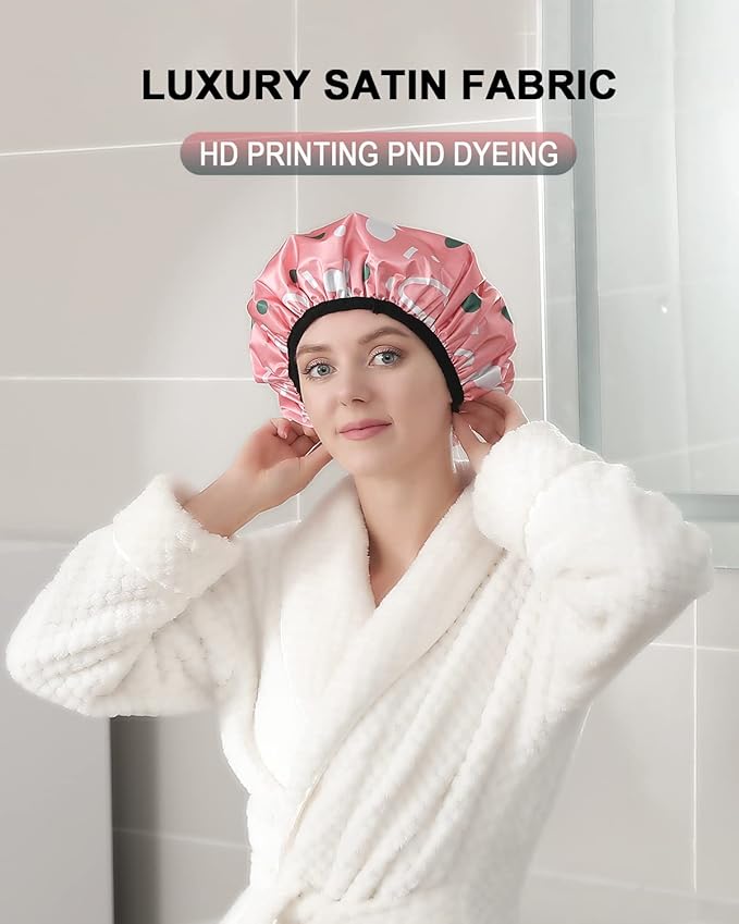 YIZIJIZI Triple Layer Reusable Waterproof Shower Cap for Women Large Terry Lined Hair Cap for Long Thick Hair Travel Bath Care Pink Flowers