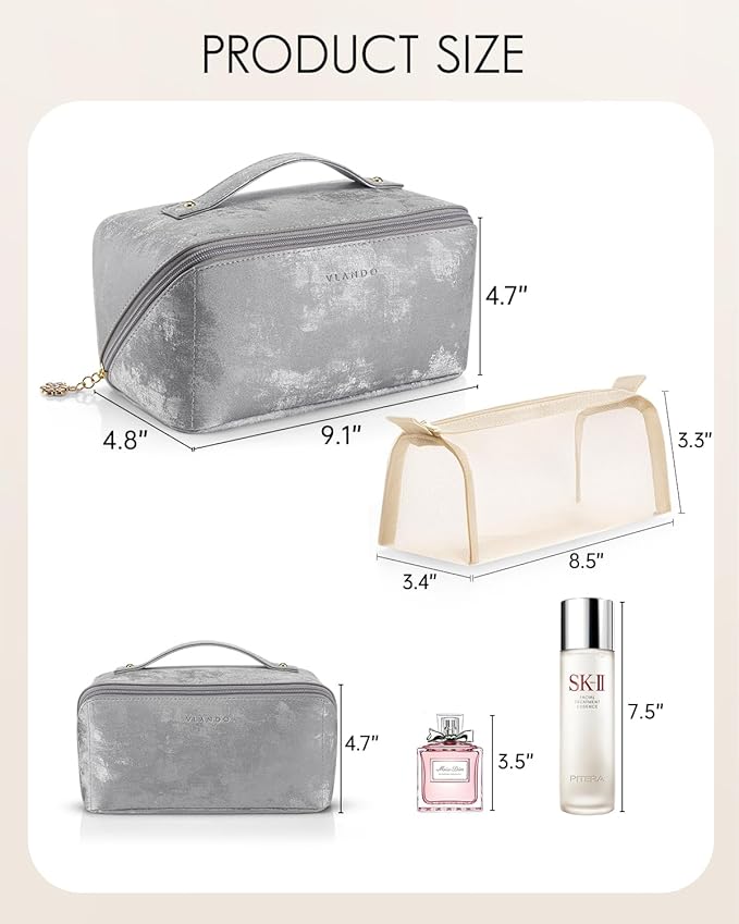 Vlando Makeup Bag,Large Capacity Toiletry Bag for Women Waterproof Portable Make up Pouch PU Leather Open Flat Cosmetic Bag(Silver)