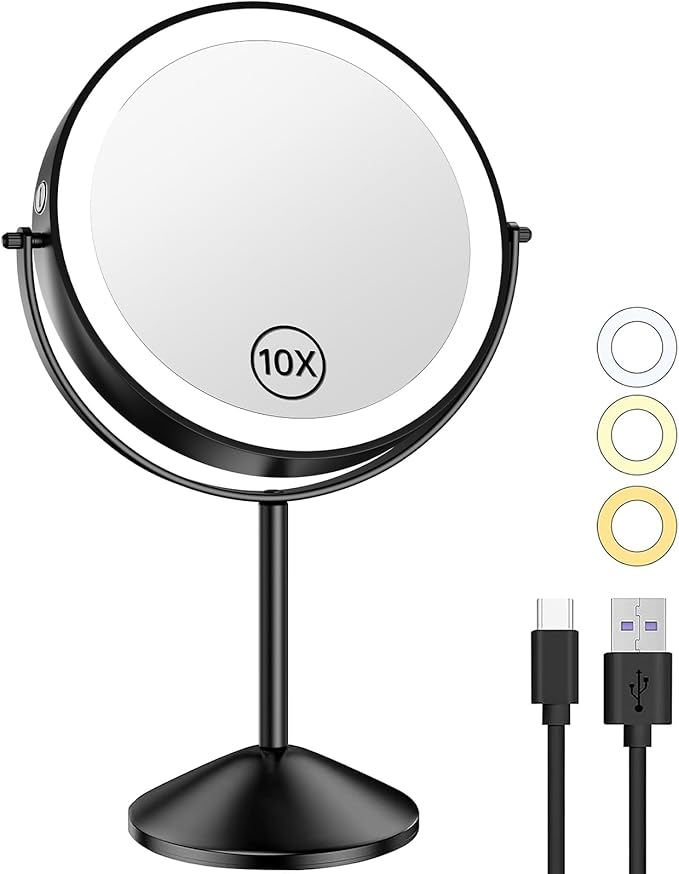 Gospire 8" Lighted Makeup Mirror with Magnification 10X/1X, 3 Color Lights & Dimmable Lighting, 360° Rotation Double Sided Rechargeable Cordless Vanity Cosmetic Standing LED Mirror for Makeup