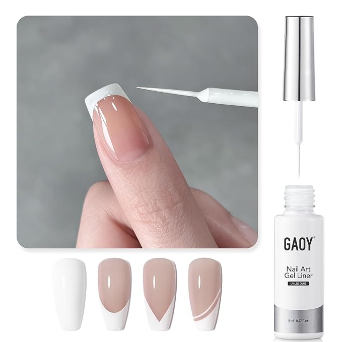 GAOY White Swirl Gel Nail Polish Art Liner, 8ml Classic Color Nail Paint Design with Thin Brush, UV Light Cure for DIY French Manicure at Home