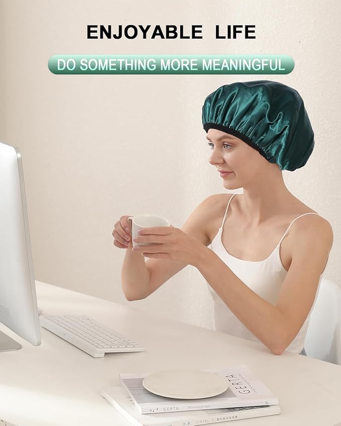 YIZIJIZI Triple Layer Reusable Waterproof Shower Cap for Women Large Terry Lined Hair Cap for Long Thick Hair Travel Bath Care Blackish Green